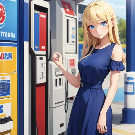 A Blond hair girl with blue eyes in a beautiful dress at a gas station with a shy look on her face