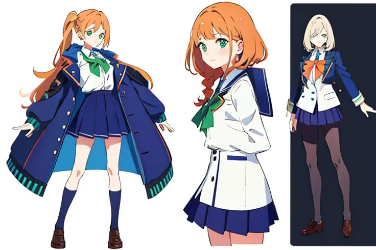 (((Best Quality))) , ((full body)), female, multiple views, white background, variety of hairstyles, seductive pose, cropped jacket, school uniform, skirt, blue, orange, green, violet, brown, white,