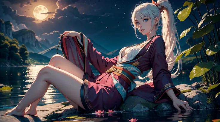 1 girl sitting at lotus lake, high ponytail, white wavy hair, blue eyes, majestic eye, double eyelashes, laughing, joyful, wearing short kimono, maroon and peach colour kimono, clevage, small waist, clevage, sitting on the rock, feet inside lake, perfect p...