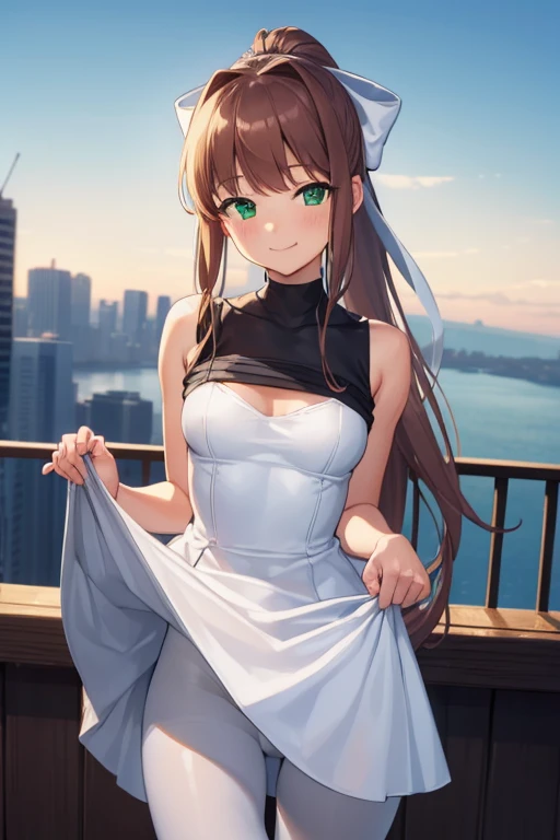 ((full pose:1.5)), ((view from bellow:1.5)), ((standing:1.5)), ((dress lift:1.5)), ddlcmonika, ddlcmonika, blunt bangs, brown hair, (green eyes:1.5), long hair, ponytail, ribbon, white ribbon, hair ribbon, sidelocks, ((happy face:1.4)), ((armpits)) BREAK (...