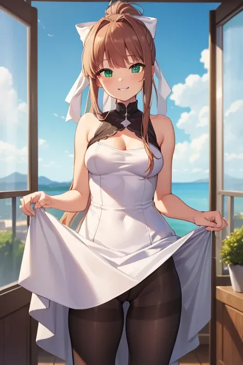 ((full pose:1.5)), ((view from bellow:1.5)), ((standing:1.5)), ((dress lift:1.5)), ddlcmonika, ddlcmonika, blunt bangs, brown hair, (green eyes:1.5), long hair, ponytail, ribbon, white ribbon, hair ribbon, sidelocks, ((happy face:1.4)), ((armpits)), show p...