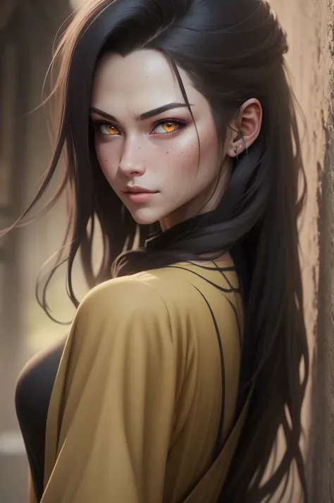 {-erro_de_anatomia:1.0} estilo anime, Masterpiece, absurdities, Orochimaru(Naruto), 1girl Solo, Mature woman, Oversized shirt with broad shoulders, Perfect composition, Detailed lips, large breasts, Beautiful face, body proportion, Blush, Long hair, yellow...