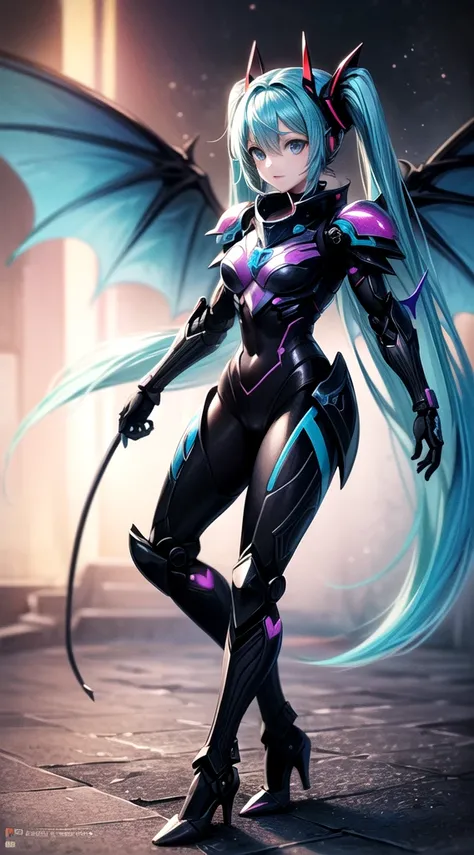 ((((masterpiece, high quality, very_high_resolution, anime colored, Elaborate design, visual art, high quality)))), (((hatunemiku VOCALOID))), twintail, turquoise hair, mecha, 1girl, cyberpunk, realistic, mechanical parts, ((((devil wings)))), fall into da...