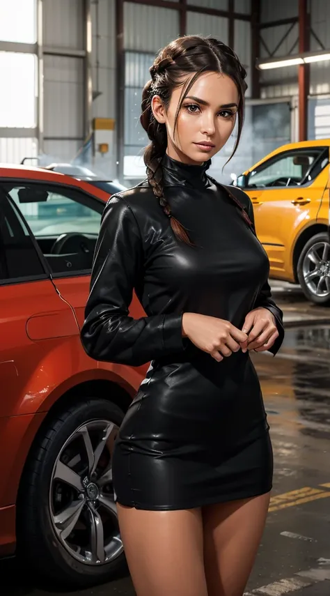 An 8K image of a rare woman with gray skin, long black braided hair, wearing a stunning red dress, standing in front of a car workshop completely covered in grease. The gray skin of the woman adds a unique and mysterious quality to her appearance, while he...