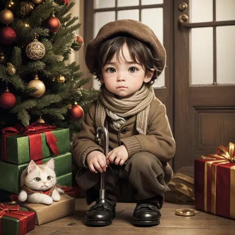 Poignant emotion, cutest micro kitten dressed as adorable Tiny Tim from ‘A Christmas Carol’, big glassy eyes, tiny face, short, crutch, tattered clothing & shoes, scarf, newsboy cap, sickly, Dickensian interior, Christmas tree background. Jean-Baptiste Mon...