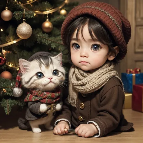 Poignant emotion, cutest micro kitten dressed as adorable Tiny Tim from ‘A Christmas Carol’, big glassy eyes, tiny face, short, crutch, tattered clothing & shoes, scarf, newsboy cap, sickly, Dickensian interior, Christmas tree background. Jean-Baptiste Mon...