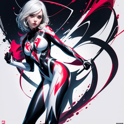 spider gwen, Hot, partial , hightquality, Dynamic Poses, Beautiful, Gorgeous, In love,Short suit, spider in a suit, white black red suit、Jessica Al