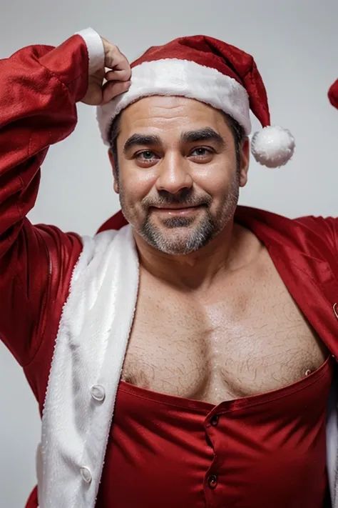 Medicin doctor wore Santa Claus clothes ，Strong body，bellyfat，Icy background，40-year-old middle-aged man，male people，he is about 40 years old，Thick eyebrows, Big eyes，opens his eyes wide，With a smile，Gentle expression，Give gifts，musculature，