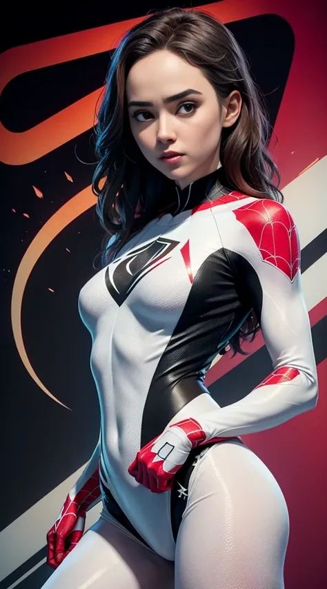 spider gwen, Hot, partial , hightquality, Dynamic Poses, Beautiful, Gorgeous, In love,Short suit, spider in a suit, white black red suit、Eliza Dushku