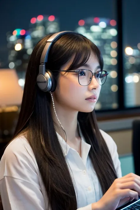 Create a photo-realistic image of a Japanese idol, about 24 years old, with her hair down and not tied up. She is wearing glasses and headphones, looking intently at her computer screen. The setting is her room at night, with a city nightscape visible thro...