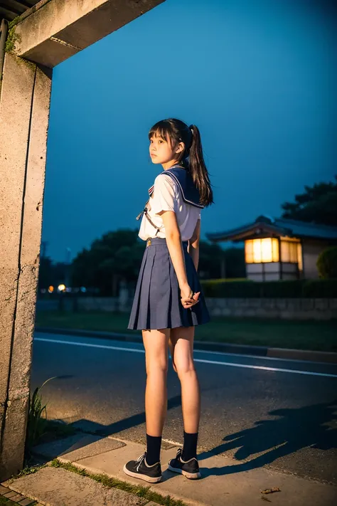 ((Inside a broken concrete building))、((Two beautiful Japan girls))、a beauty girl、Cute same school uniform、Same sailor suit、14years、Height 170cm、8th class、serious facial expression、With bangs、semi long hair、((Long skirt to hide the knees))、((Navy long skir...