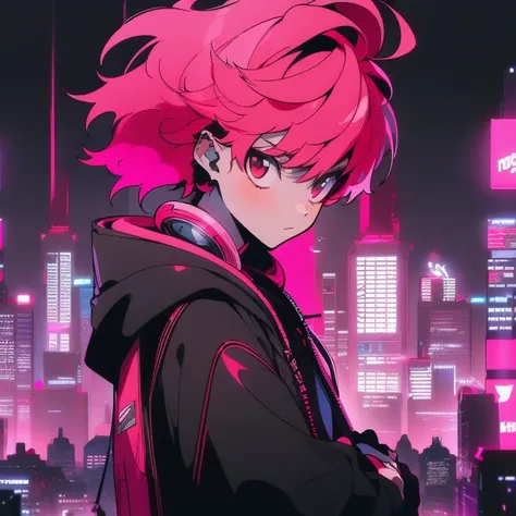 (short-cut), (Two-block hair), (vivid pink hair), (male character), (Red Eyes), (Cool pose), (of the highest quality), (​masterpiece), (ultra-detailliert), (Oversized hoodies), (Street), (neons), (Camera from a down angle), (Modern City), (neonsデイライト), (Ci...