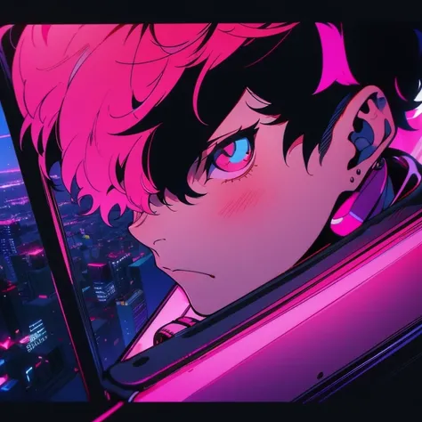 (short-cut), (Two-block hair), (vivid pink hair), (male character), (Red Eyes), (Cool pose), (of the highest quality), (​masterpiece), (ultra-detailliert), (Oversized hoodies), (Street), (neons), (Camera from a down angle), (Modern City), (neonsデイライト), (Ci...