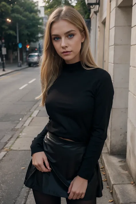 1girl, Solo, One woman of about 25 years old, medium blond hair,big blue eyes,wide nose,wide jaw line,soft make up, Close-up portrait, H, Inviting look, shirt with long sleeves, black skirt, black pantyhose, standing outside, street photography, mature wom...