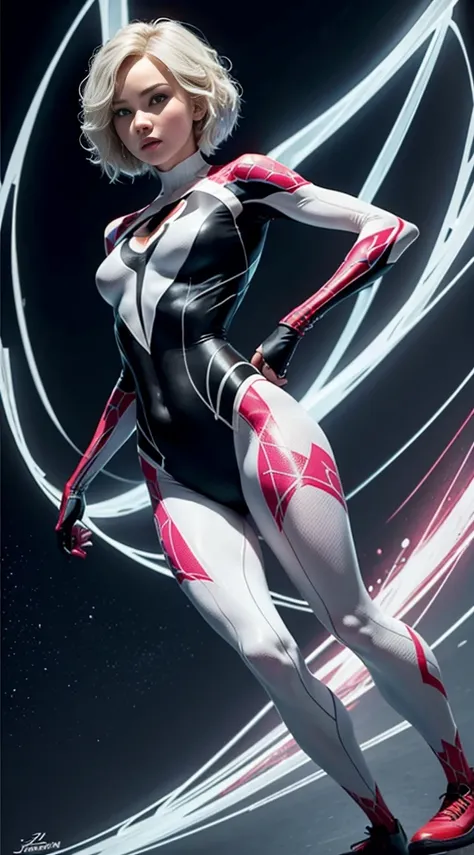 spider gwen, Hot, partial , hightquality, Dynamic Poses, Beautiful, Gorgeous, In love,Short suit, spider in a suit, white black red suit、Jennifer Lawrence