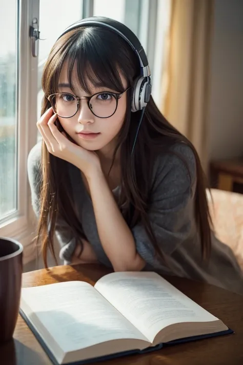 Create a masterpiece photograph in 8K resolution of a Japanese girl, around 24 years old, with dark long hair, not tied up, wearing glasses and headphones. The image should capture her studying by the window in her own room at night, with a stunning night ...