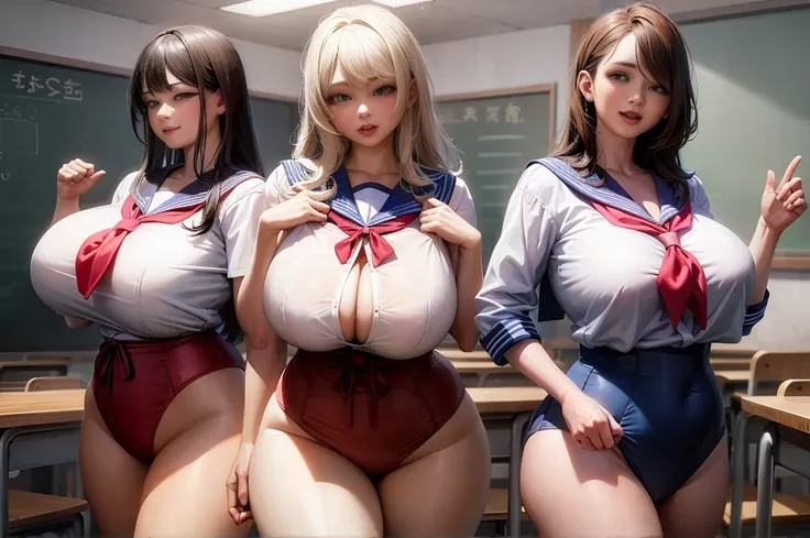 Three women in school uniforms pose for photo in classroom, hyperrealistic school girl, a hyperrealistic school girl, realistic school girl, oppai proportions, eechi anime style, animemanga girl, oppai, eechi, realistic anime 3D style, eechi style, Sakimic...