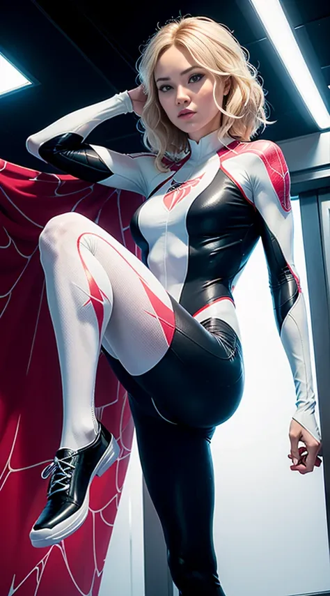 spider gwen, Hot, partial , hightquality, Dynamic Poses, Beautiful, Gorgeous, In love,Short suit, spider in a suit, white black red suit、Jennifer Garner