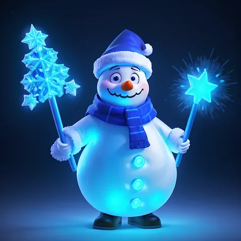 snowman, blue glowing phosphorescent neon snowflakes, Fortiche style, in a glowing Santa Claus costume, in the New Years village Izmorozye, fashionable, neon, art, illustration