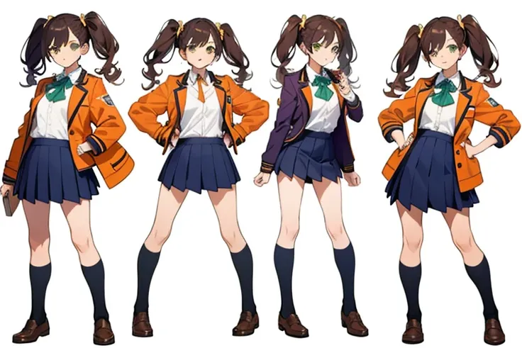 (((Best Quality))) , ((full body)), female, multiple views, white background, variety of hairstyles, seductive pose, cropped blazer, mini skirt, blue, orange, green, violet, brown, white, Mess jacket uniform, cropped jacket, school uniform,