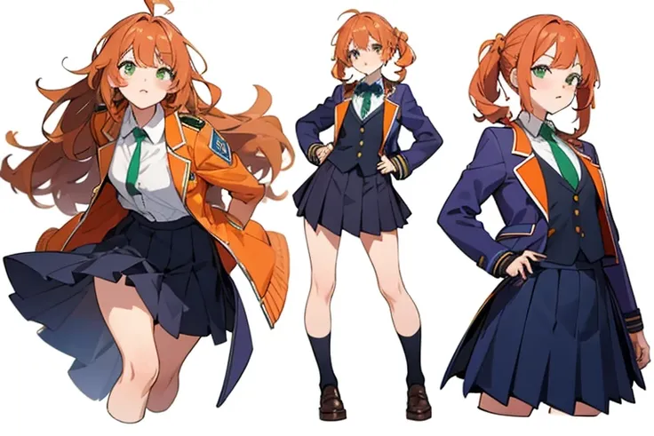 (((Best Quality))) , ((full body)), female, multiple views, white background, variety of hairstyles, seductive pose, cropped blazer, mini skirt, blue, orange, green, violet, brown, white, Mess jacket uniform, cropped jacket, school uniform,