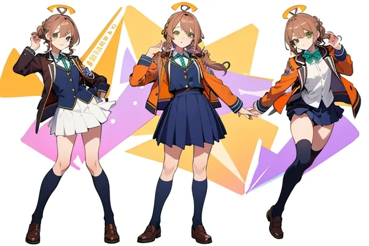 (((Best Quality))) , ((full body)), female, multiple views, white background, variety of hairstyles, seductive pose, cropped blazer, mini skirt, blue, orange, green, violet, brown, white, Mess jacket uniform, cropped jacket, school uniform, magical school ...