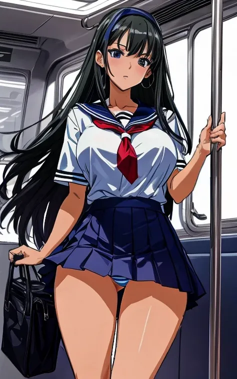 A beautiful woman with long black hair, big breasts, and beautiful legs is wearing a sailor uniform with a white miniskirt, her light blue and blue striped panties are showing off, and she is standing proudly looking at a middle-aged office worker on the t...