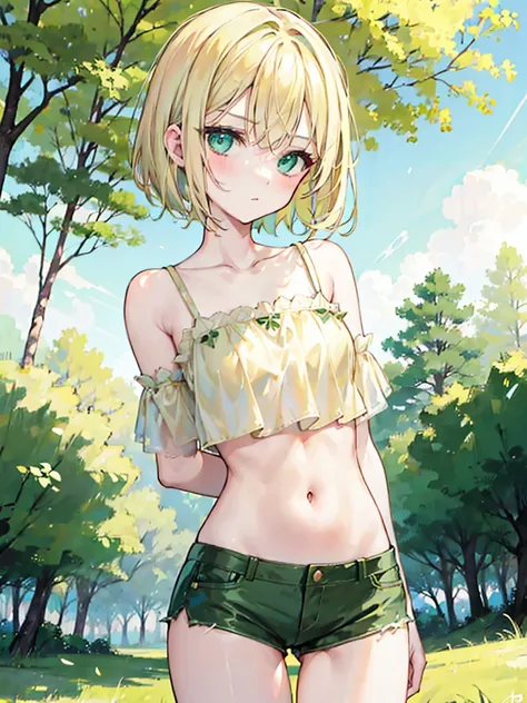 1 girl, delicate and feminine, short blonde hair, green eyes, wearing a top, denin shorts, forest, absurders, high res, ultrasharp, 8k, masterpiece, looking at viewer