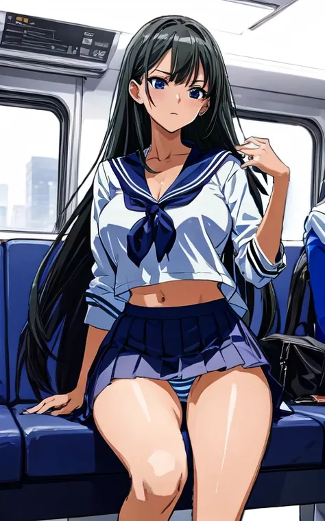 A beautiful woman with long black hair, big breasts, and beautiful legs is wearing a sailor uniform with a white miniskirt, boldly showing off her light blue and blue striped panties, and standing proudly glaring at a middle-aged office worker on a crowded...