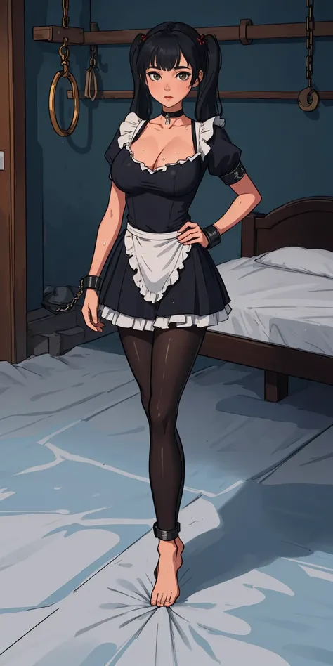 SFW, SLAVE FEMALE, Maid for sale. An African (very black skin) domestic worker for text "US dollar" full body, barefoot, standing straight symmetrical, huge boob(masterpiece, best quality:1.2), smirking smile, red blush, wet body, looking at viewer, hands ...