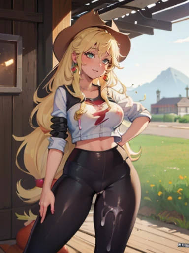 AppleJack, AppleJack from my little pony, AppleJack in the form of a girl, long hair, Wild hair, cowboy hat, apple earrings, on a farm with apple trees, steampunk style, a lot of magic, lightning nets, best quality, very detailed, ultra 8k resolution, (cum...