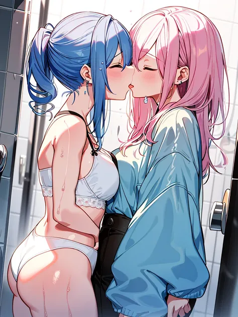 ​masterpiece, top-quality, Hi-Res,((( 2girls))), ((Yuri)), ((the kiss:1.4)), (French Kissing), red blush:0.2, closed her eyes:0.5, (tongue), (Saliva), ((Touch)), hand on the breasts、bustup、bulging bust top、(pink brassiere)、Light Blue Bra、(Brown skin)、White...