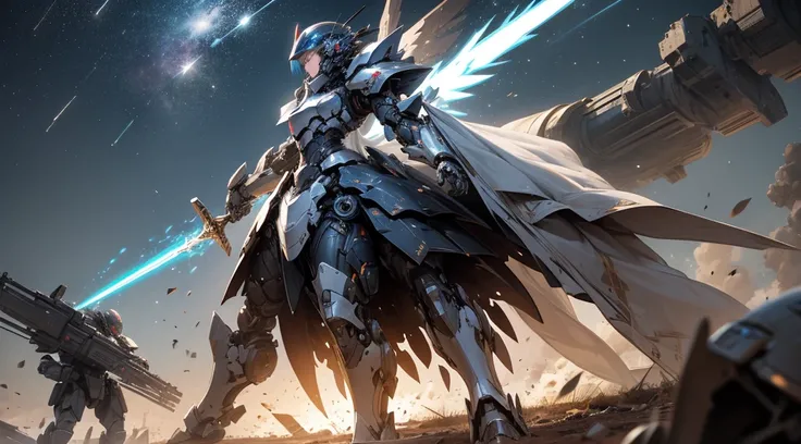 ((Epic battle)) woman in mech armor with open face helmet, mechanical wings on her back, surveying a battlefield, shimmering dark armored shield in her left hand, a great cybernetic sword in her right hand, (best Quality), explosions in the sky with hundre...