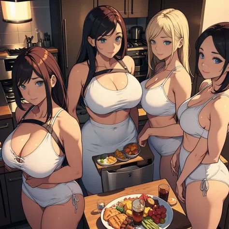 multiple thick body females wearing open bra showing hanging breast and nipples, females standing in the kitchen with food cooking and food on kitchen table ((nsfw)), lift up skirt showing panties((nsfw))