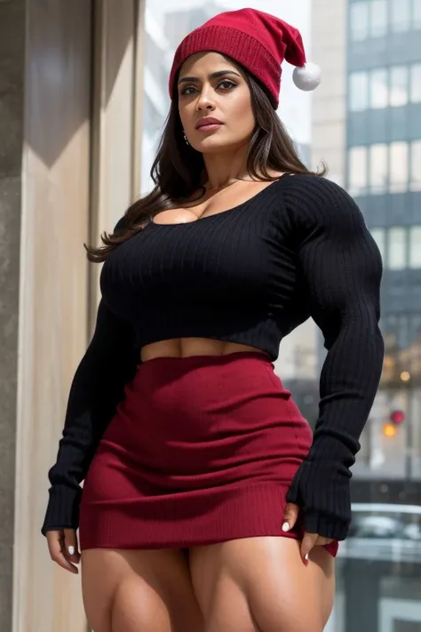 Viewed from below,  Salma Hayek , Generate a full length fashion portrait of a heavily muscled iff pro female bodybuilder , her makeup, hair, she is dressed in a tight oil glossy sweater, tight miniskirt, white knee high socks, xmas hat, lighting, environm...