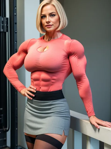 A heavily  muscled  iffb  pro  female  bodybuilder, Professional, High level of detail, Full body photo of blonde (attractive 45yo woman:1.3), (classy stylish bob haircut)1.3, gray eyes, (neon red-colored tight opened shirt)1.4, (black skirt and stockings)...