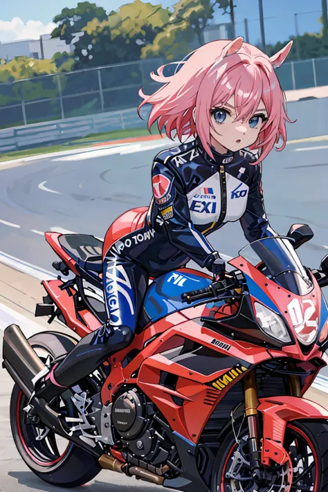 menina anime, cabelo rosa, Fato de corrida azul, motocicleta, capacete, excitado, Apontando, Race track, F Copo Seios, latex suit, cabelos longos, rabo-de-cavalo