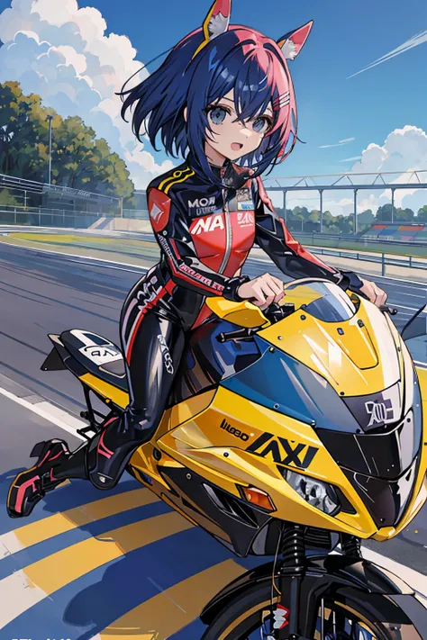 menina anime, cabelo rosa, Fato de corrida azul, motocicleta, capacete, excitado, Apontando, Race track, F Copo Seios, latex suit, cabelos longos, rabo-de-cavalo