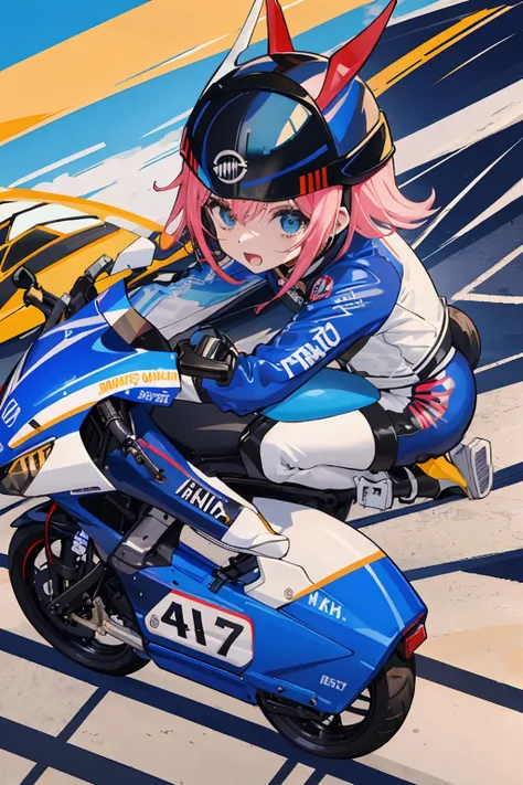 menina anime, cabelo rosa, Fato de corrida azul, motocicleta, capacete, excitado, Apontando, Race track, F Copo Seios, latex suit, cabelos longos, rabo-de-cavalo