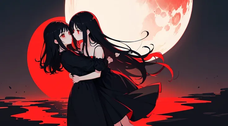 (2 girls, black hair, long hair, red eyes, black sundress, hug, cute, kawaii), (red moon, black flower field), (low contrast, flat color, limited palette)