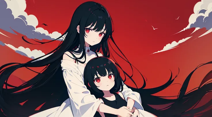 (2 girls, black hair, long hair, red eyes, black sundress, hug, cute, kawaii), (red moon, black flower field), (low contrast, flat color, limited palette)