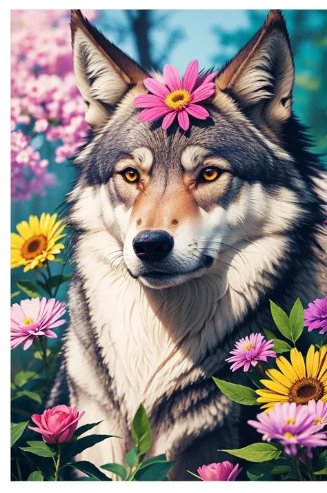 Wolf With Colorful Flowers Sticker