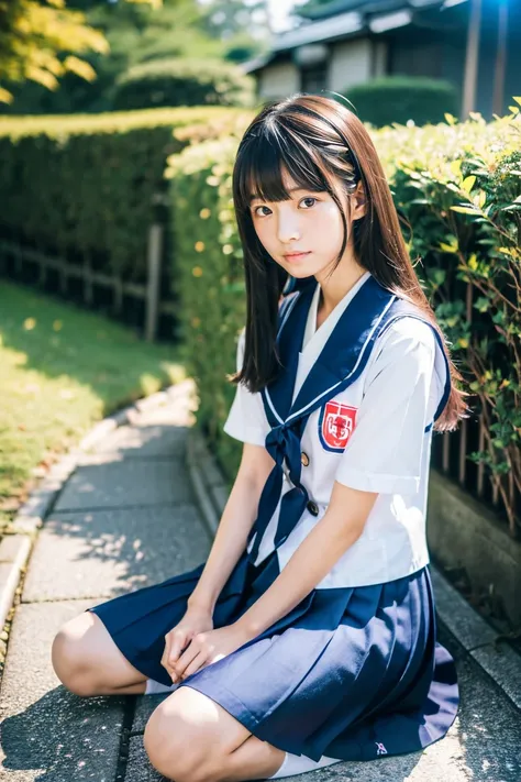 ((Two beautiful Japan girls))、Two beautiful girls、Cute same school uniform、same blazer uniform、15yo student、lazy look、With bangs、Tall、Straight semi-long hair、((Long skirt to hide the knees))、((Navy long skirt below knee length))、early evening、the wind、Thin...