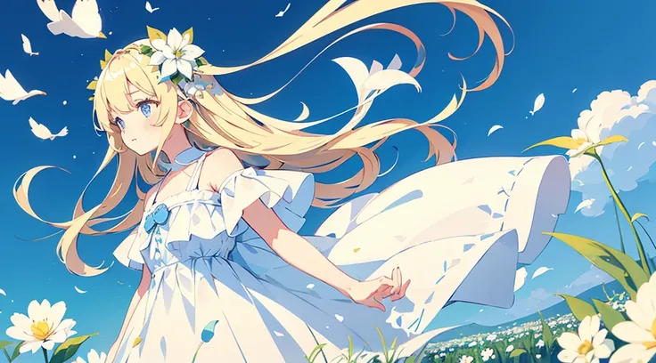 (1girl, blonde hair, long hair, blue eyes, white sundress, cute, kawaii), (blue moon, white flower field), (low contrast, flat color, limited palette)