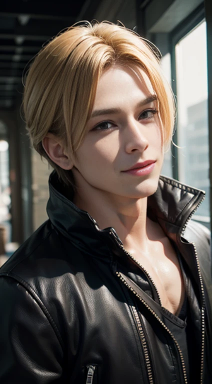 A handsome muscular man with blonde hair who resembles Leon Kennedy from Resident Evil., Mischievous smile, (detaile: 1 in 1), Natural muscles, hightquality, beautidful eyes, (Detailed face and iace、: 1 / 2), Noise, Real Photographics、... ....PSD, Sharp Fo...