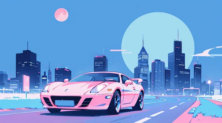 (skyscrapers, pink glowing road, starry blue sky, big moon), (super car), (low contrast, flat color, limited palette)