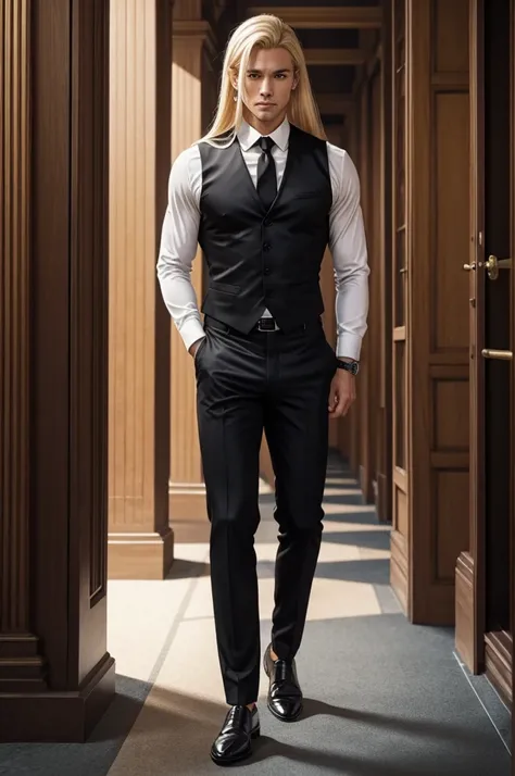 Gorgeous man, strong physique, black colored social blouse, long white pants, black colored social shoes, blonde hair split in the middle, straight hair, brown colored eyes, slender appearance, elegant, library scenery, brown tie, indifferent look, ancient...