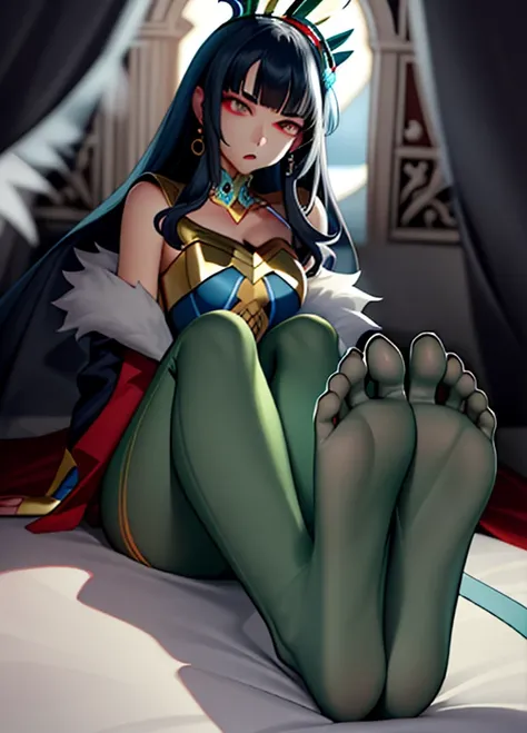 1girl, cleopatra, bob hairstyle, black hair, gold, diamonds, jewelry, beautiful, royal, barefoot, super long soles, extremely long soles, extremely long feet