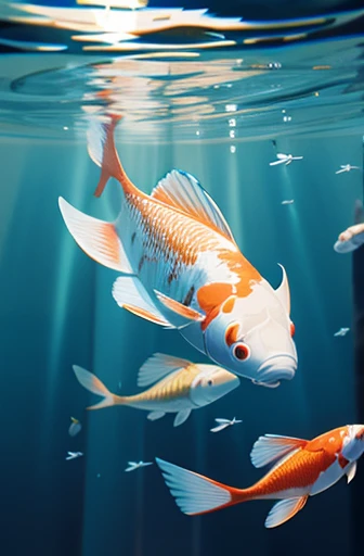 koi fishes underwater, from below, perspective, rotated, contemporary art, anime style, motion lines, reflection light, ray trac...