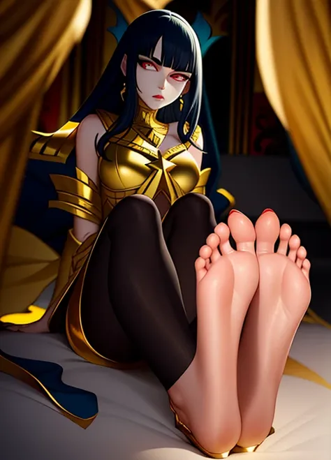 1girl, cleopatra, bob hairstyle, black hair, gold, diamonds, jewelry, beautiful, royal, barefoot, super long soles, extremely long soles, extremely long feet, nude, big breasts, abs